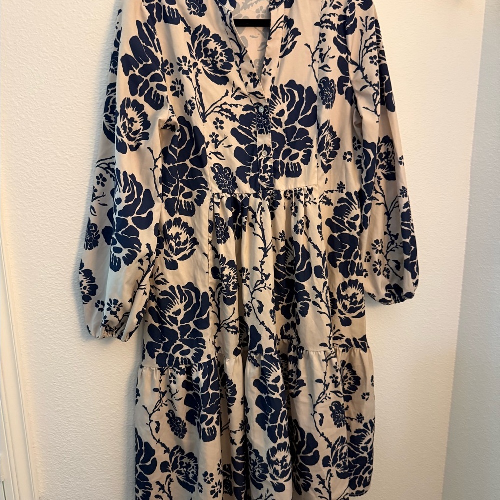 SHEIN Blue and White Pleated Sundress with Bishop Sleeves